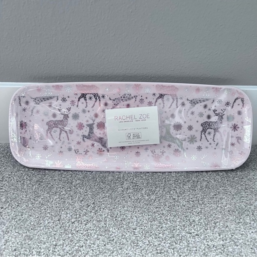 💚 NWT Rachel Zoe set of three pink reindeer Christmas platters